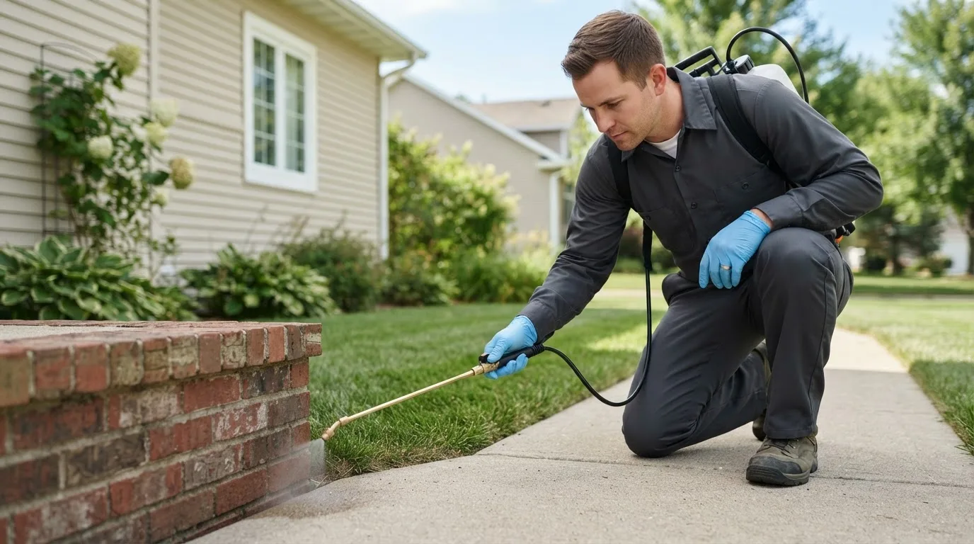 Pest control technician treating a home near Poland, IN