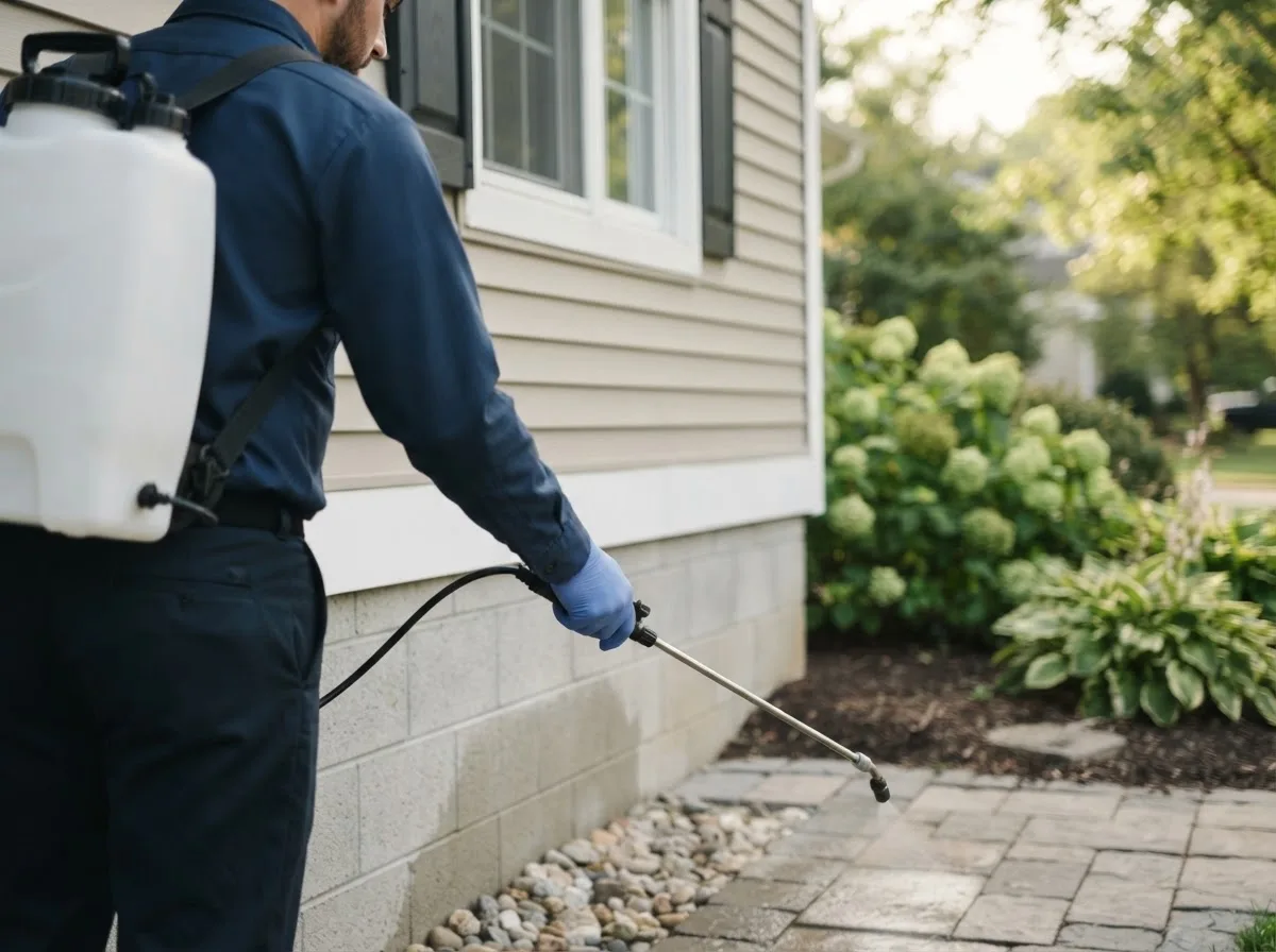 Pest control technician inspecting a home in Poland, IN